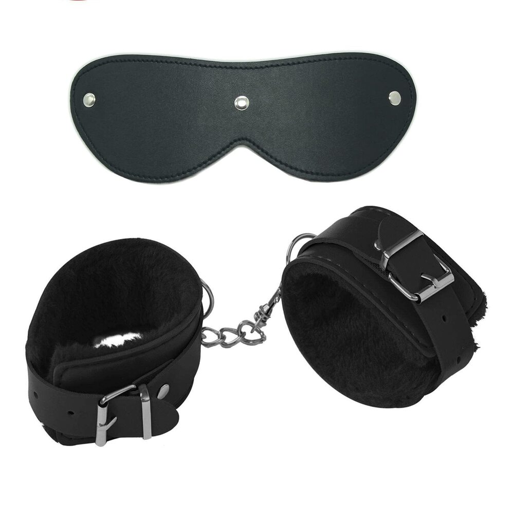 2447 2Pcs Fluffy Leather Wrist Cuffs Adjustable Leash Chain Cosplay Party